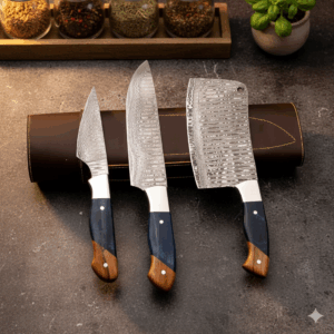 Product image showcasing handmade Damascus steel kitchen knife set with chef knife, cleaver, paring knife and leather sheath for online buyers