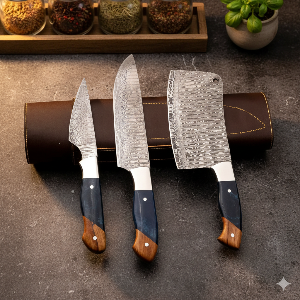 Product image showcasing handmade Damascus steel kitchen knife set with chef knife, cleaver, paring knife and leather sheath for online buyers