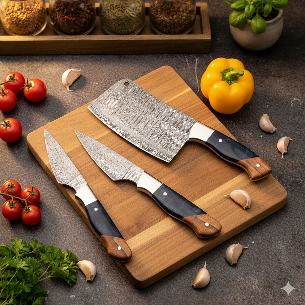 Custom Handmade Damascus Steel Kitchen Knife Set – Chef Knife, Cleaver, and Paring Knife with Genuine Leather Sheath - Image 2